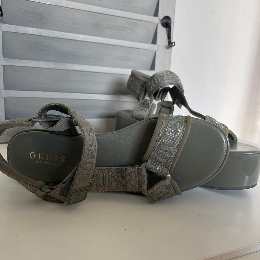 GUESS Y2K Logo Strap Sandals Olive Gray Chunky Sport Heels 7.5 GUESS